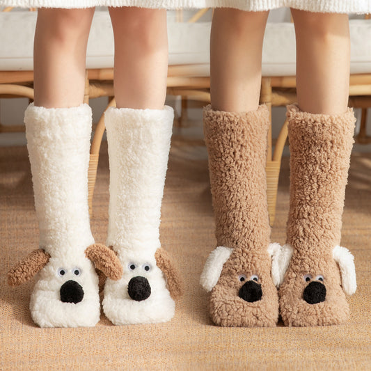 Z1 Cute Cartoon Dog Floor Socks Winter Warm Plush Socks For Women