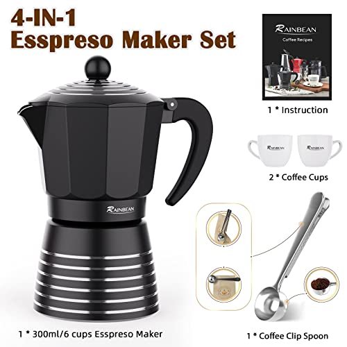 BB - Stovetop Espresso Maker 6 Cup 300ml, Aluminum Moka Pot Gift Set, Italian Cuban Greca Coffee, Easy To Use & Clean - Set Including 2 Cups, Spoon, Black, Perfect Gifts For Coffee Lovers