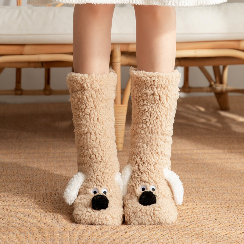 Z1 Cute Cartoon Dog Floor Socks Winter Warm Plush Socks For Women