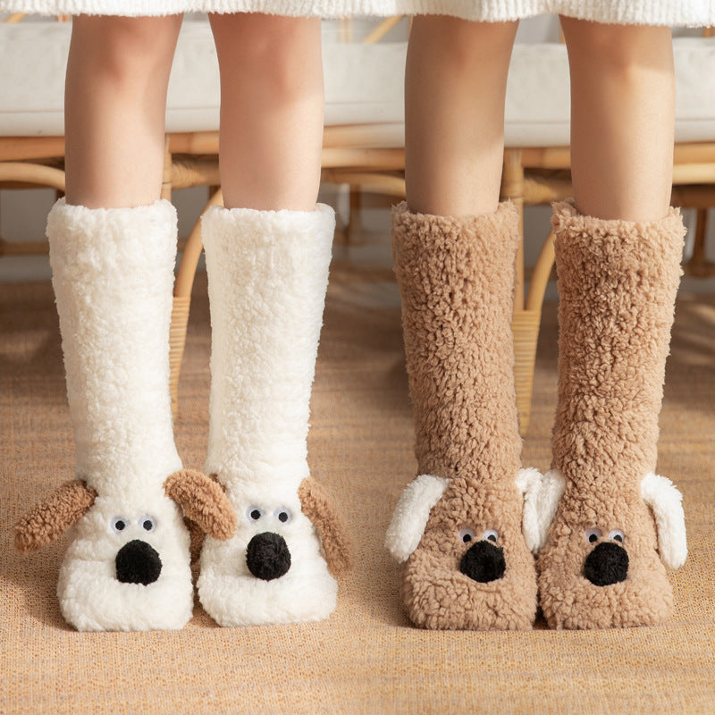 Z1 Cute Cartoon Dog Floor Socks Winter Warm Plush Socks For Women