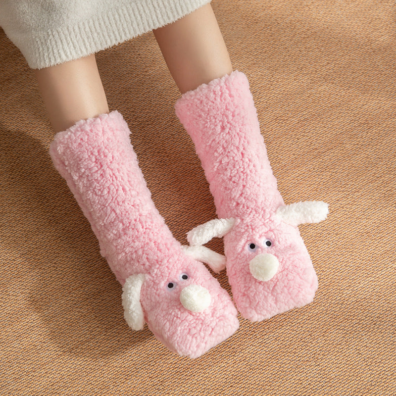 Z1 Cute Cartoon Dog Floor Socks Winter Warm Plush Socks For Women