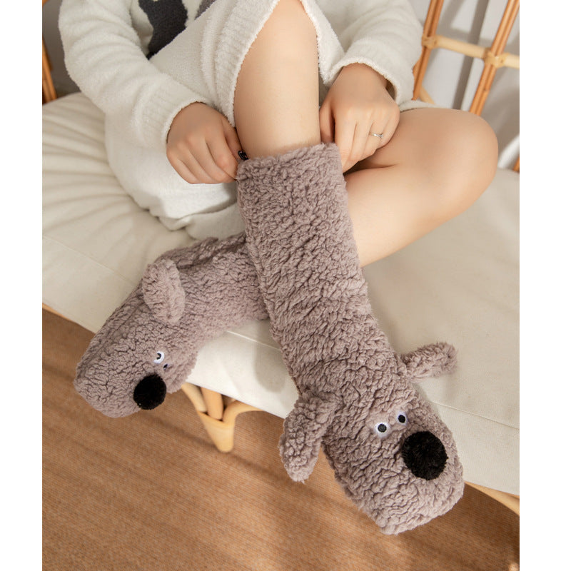 Z1 Cute Cartoon Dog Floor Socks Winter Warm Plush Socks For Women