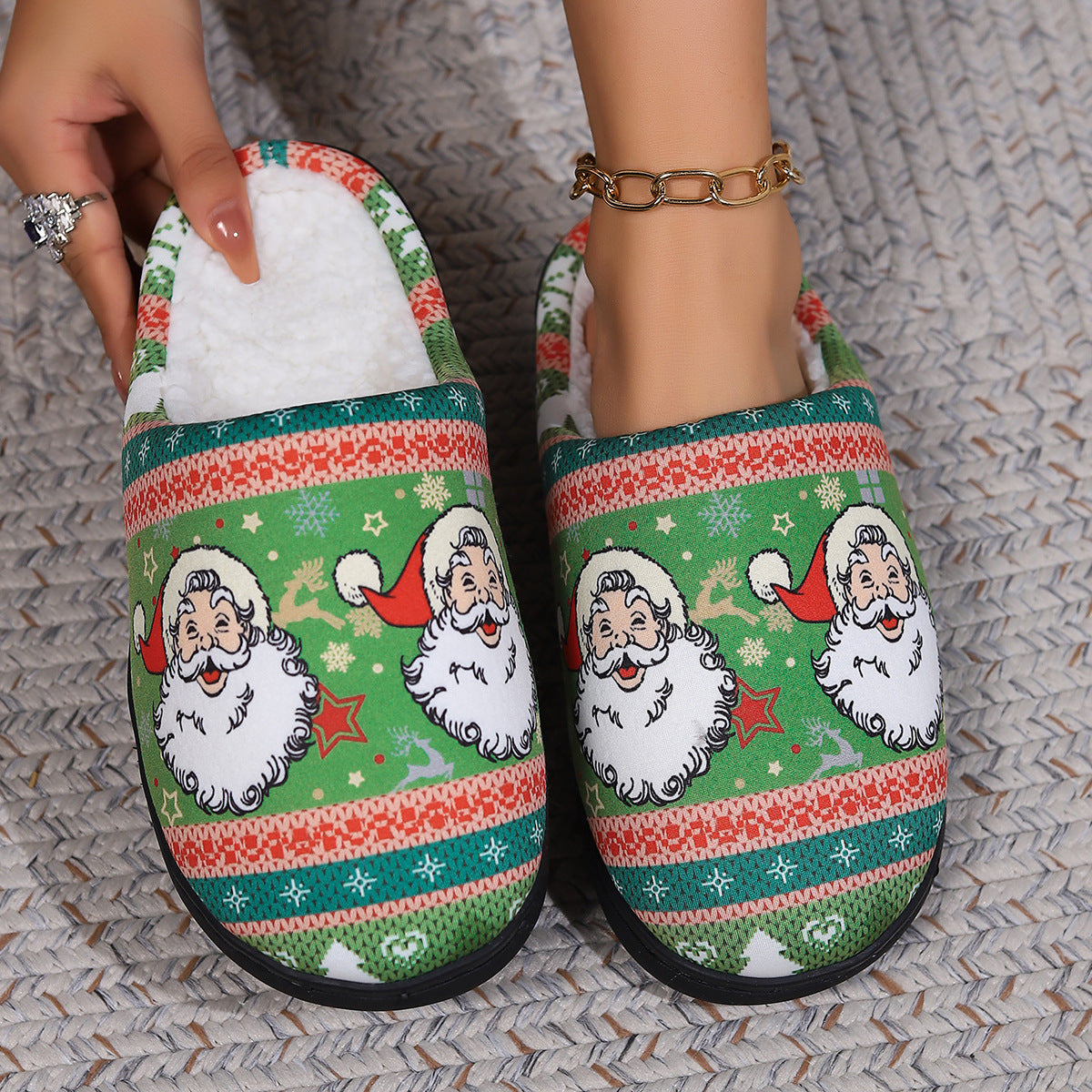 Z3 Holiday Snowman Santa Claus Print Slippers Winter Warm Plush Slippers Indoor Floor Bedroom Shoes