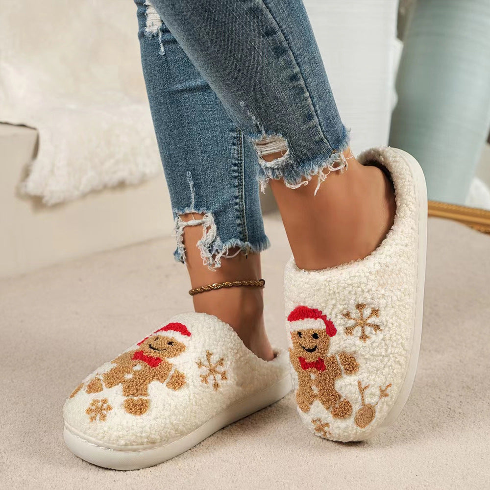 Z2 Holiday Snowflake Gingerbread Slippers Winter Indoor Floor Bedroom Fuzzy House Shoes For Women