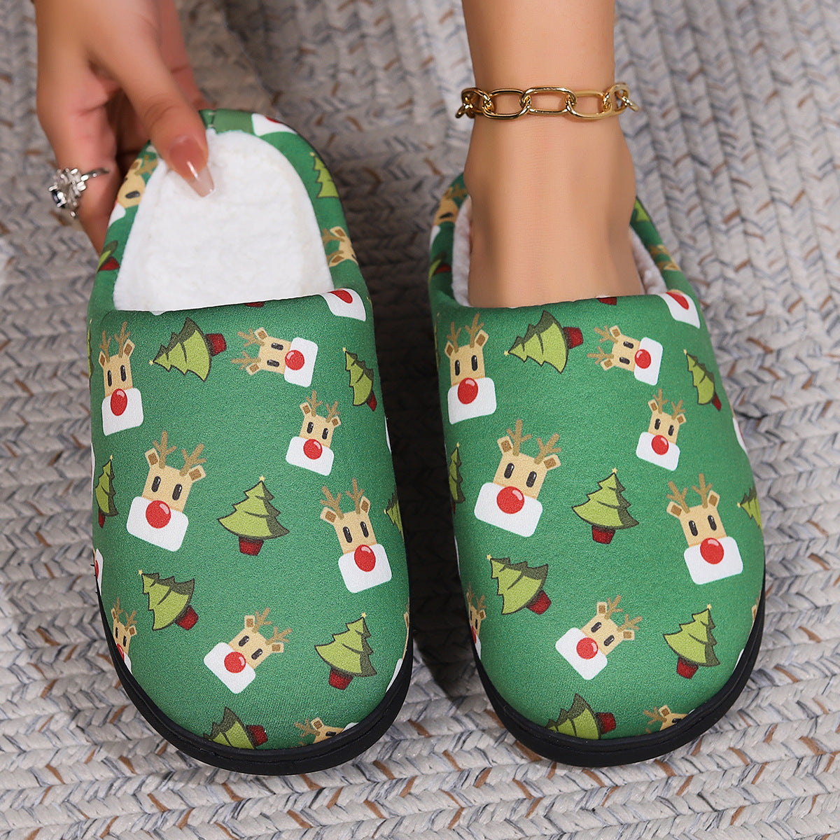 Z3 Holiday Snowman Santa Claus Print Slippers Winter Warm Plush Slippers Indoor Floor Bedroom Shoes