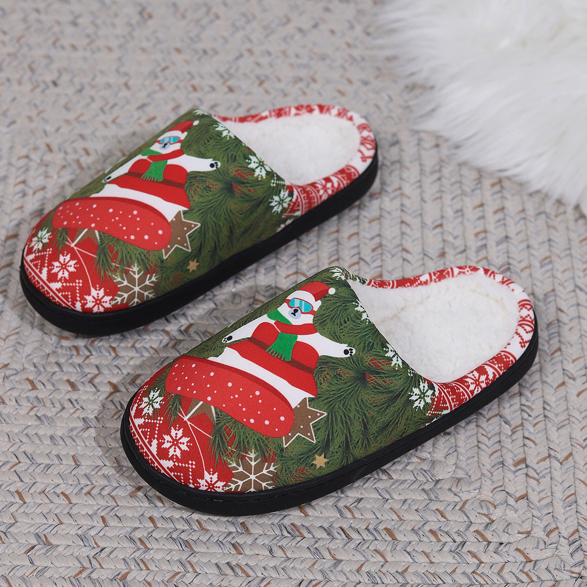 Z3 Holiday Snowman Santa Claus Print Slippers Winter Warm Plush Slippers Indoor Floor Bedroom Shoes