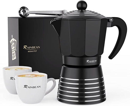 BB - Stovetop Espresso Maker 6 Cup 300ml, Aluminum Moka Pot Gift Set, Italian Cuban Greca Coffee, Easy To Use & Clean - Set Including 2 Cups, Spoon, Black, Perfect Gifts For Coffee Lovers