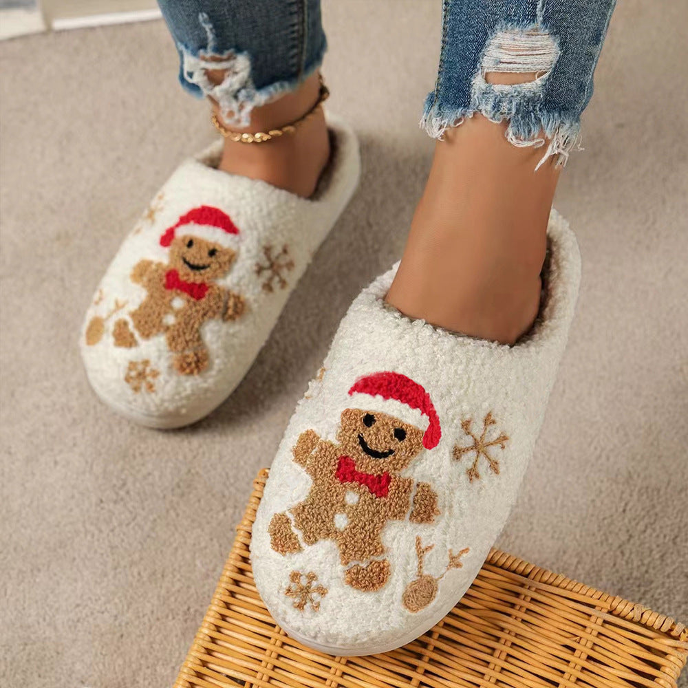 Z2 Holiday Snowflake Gingerbread Slippers Winter Indoor Floor Bedroom Fuzzy House Shoes For Women