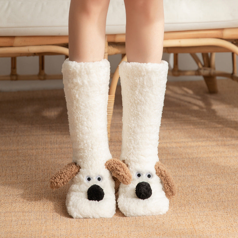 Z1 Cute Cartoon Dog Floor Socks Winter Warm Plush Socks For Women