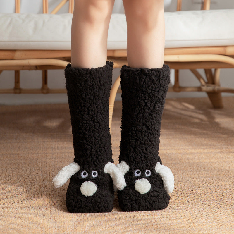 Z1 Cute Cartoon Dog Floor Socks Winter Warm Plush Socks For Women