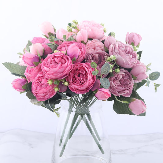 30cm Rose Pink Silk Peony Artificial Flowers Bouquet 5 Big Head and 4 Bud Artificial Flowers for Home Wedding Decoration indoor